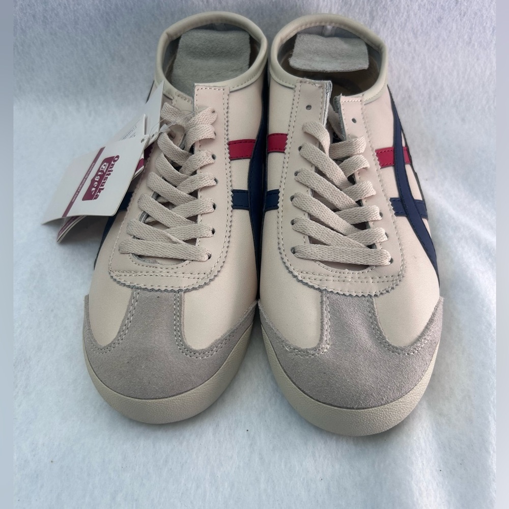 Onitsuka Tiger by Asics Cream Sneakers with Navy and Red Stripes